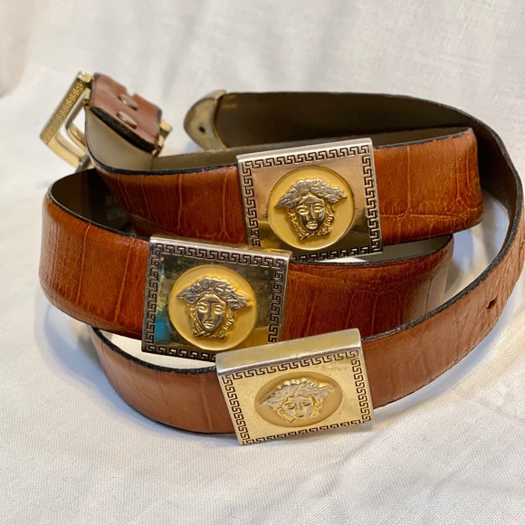 Vintage Versace Italy gold silver tone brown belt